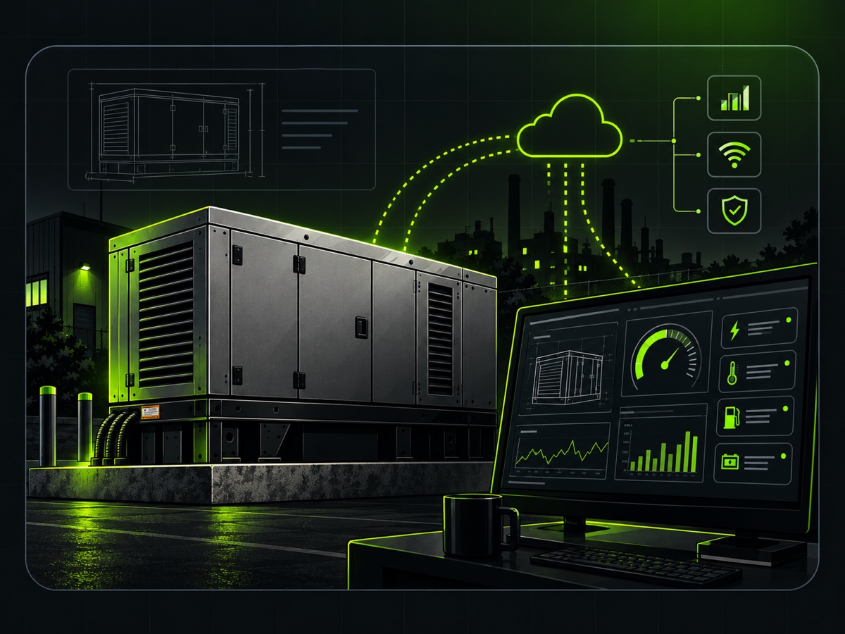Standby generator linked to a cloud dashboard showing live status readouts, illustrating remote generator monitoring